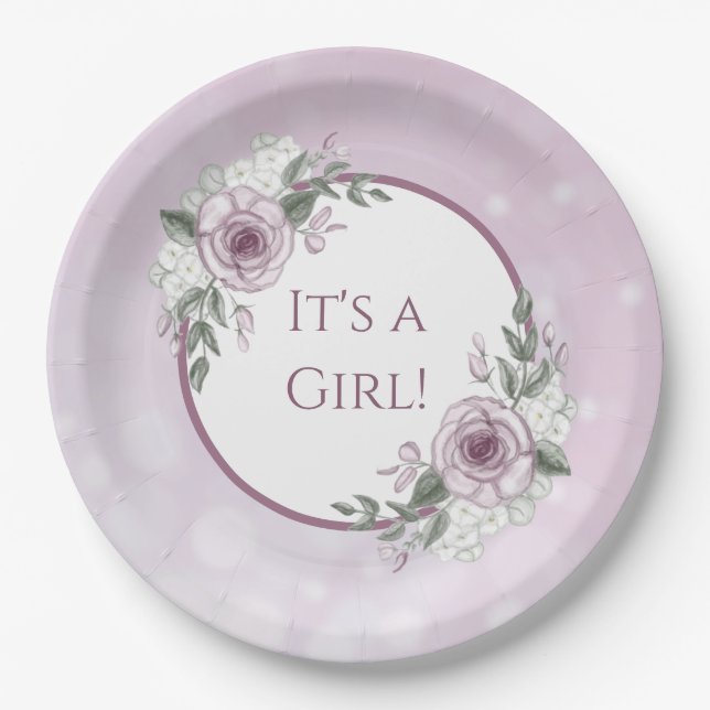 It's a Girl, Mauve Roses Baby Shower Paper Plate (Front)