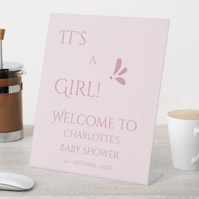 It's A Girl! Minimalism Pastel Pink Baby Shower Pedestal Sign (In SItu)