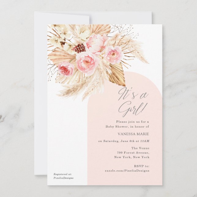 Its a Girl Modern Arch Boho Floral Baby Shower Invitation (Front)