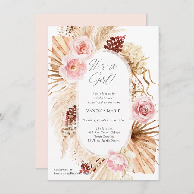 Its a girl modern boho floral arch with pampas  invitation (Front/Back)