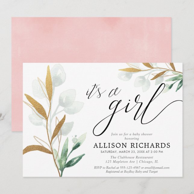 It's a girl modern greenery gold pink baby shower invitation (Front/Back)