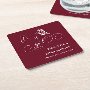 It's A Girl Modern Minimal Butterfly Baby Shower Square Paper Coaster