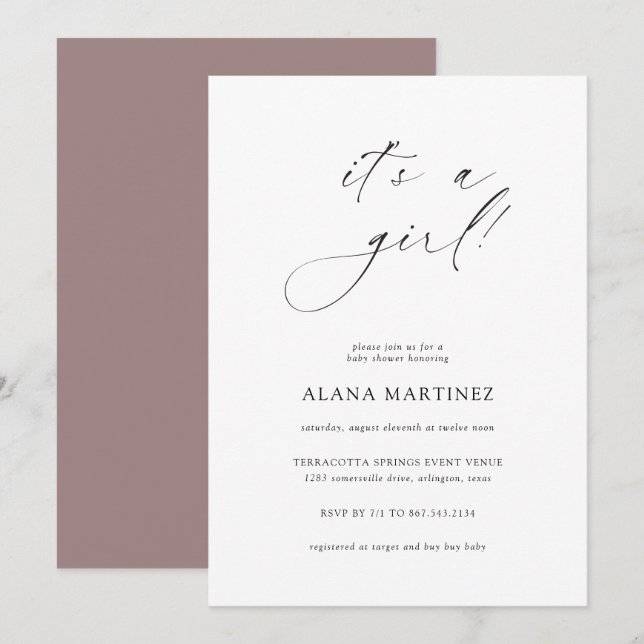 It's a Girl | Modern Minimal Calligraphy Invitation (Front/Back)