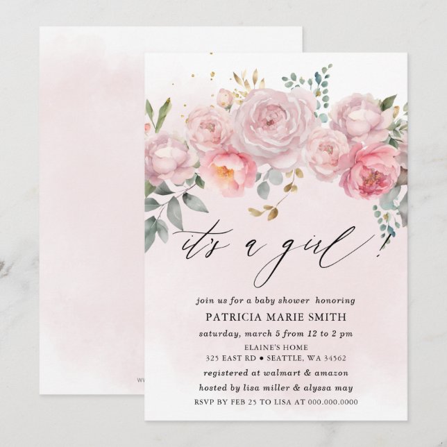 Its a girl Modern Pink Blush Floral Baby Shower Invitation (Front/Back)