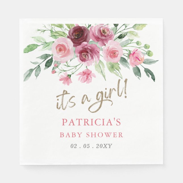 Its a girl Modern Pink Burgundy Floral Baby Shower Napkin (Front)
