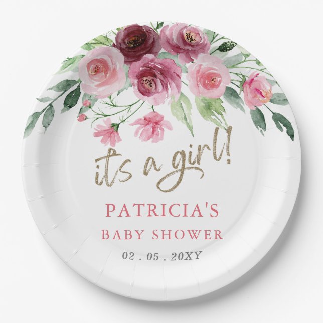 Its a girl Modern Pink Burgundy Floral Baby Shower Paper Plate (Front)