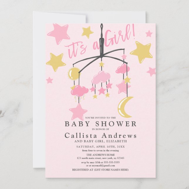 It's a Girl Moon Stars Crib Mobile Baby Shower Invitation (Front)