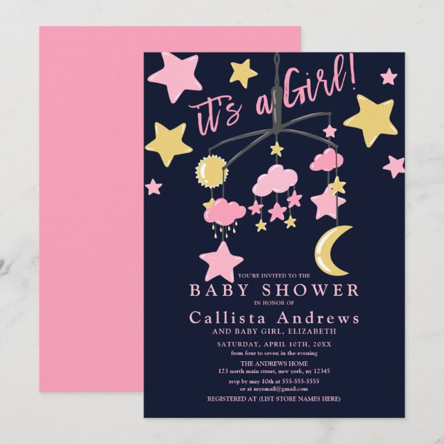 It's a Girl Moon Stars Crib Mobile Baby Shower Invitation (Front/Back)