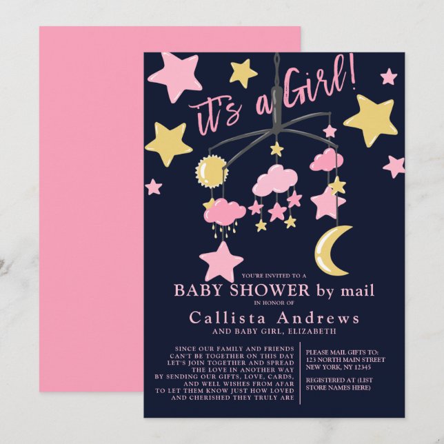 It's a Girl Moon Stars Mobile Baby Shower By Mail Invitation (Front/Back)