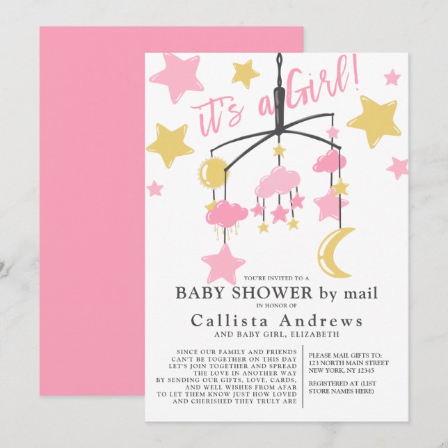 It's a Girl Moon Stars Mobile Baby Shower By Mail Invitation (Front/Back)