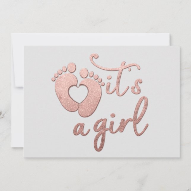  It's A Girl New Baby Rose Grey Pastel Heart Feet Invitation (Back)