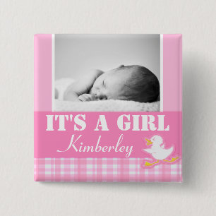 "It's a girl" newborn photo and name pink badge