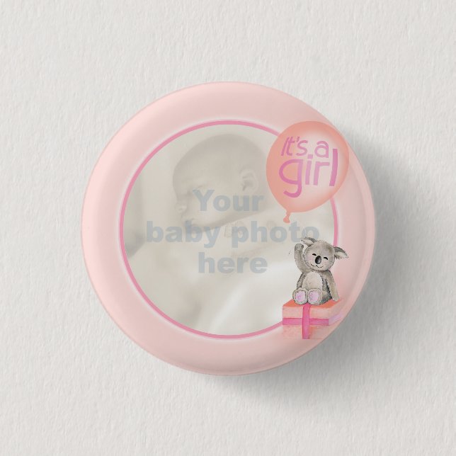 "It's a girl" newborn photo koala peach badge (Front)