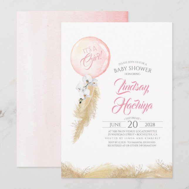 It's A Girl Pampas Grass Balloon Pink Baby Shower Invitation (Front/Back)