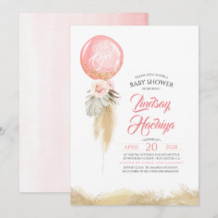 It's A Girl Pampas Grass Pink Balloon Baby Shower Invitation