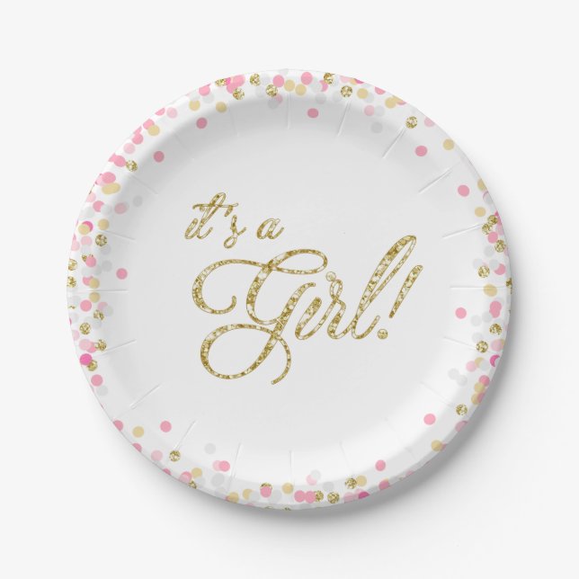 It's a girl Paper Plates Baby shower Pink Gold (Front)