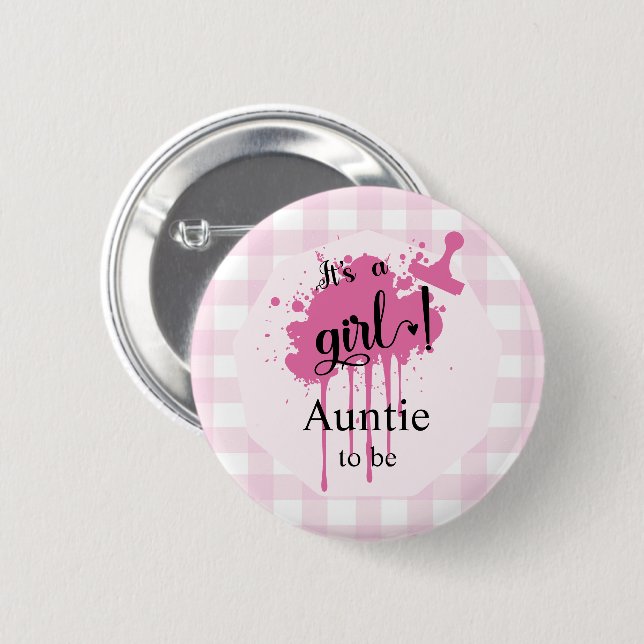 It's a Girl! Pastel Pink Gingham Auntie-to-be 6 Cm Round Badge (Front & Back)