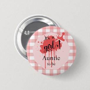 It's a Girl! Pastel Red Gingham Auntie-to-be 6 Cm Round Badge