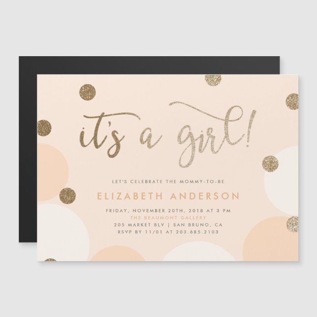 It's a Girl! | Peach & Gold Confetti Baby Shower Magnetic Invitation (Front/Back)