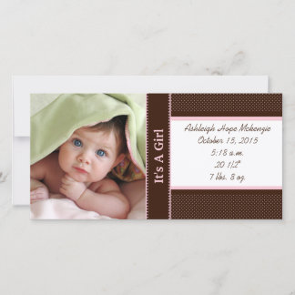 It's A Girl -Photo Card Stats Deep Brown Pink Dots