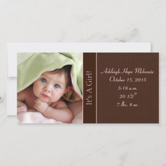 It's A Girl -Photo Card Stats Deep Brown Pink Dots