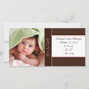 It's A Girl -Photo Card Stats Deep Brown Pink Dots