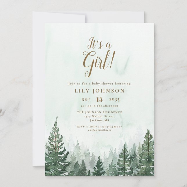 It's A Girl Pine Tree Forest Baby Shower Invitation (Front)