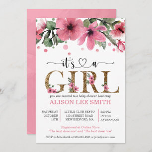 It's a girl Pink and gold watercolor baby shower