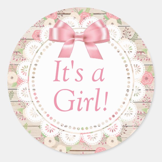 Its a Girl, Pink and Tan Wood Baby Sticker (Front)