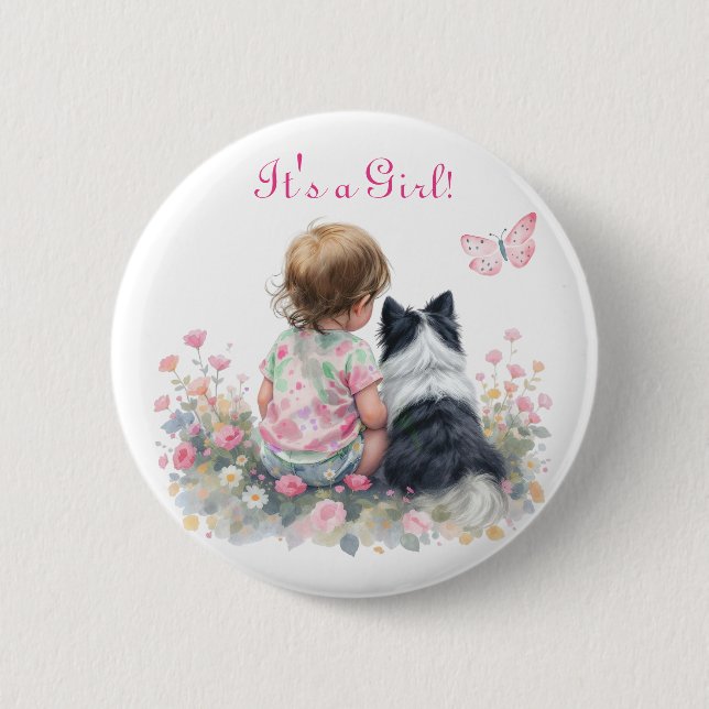 It's a Girl | Pink Baby and Puppy Baby Shower 6 Cm Round Badge (Front)
