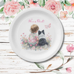 It's a Girl Pink Baby and Puppy Baby Shower Paper Plate