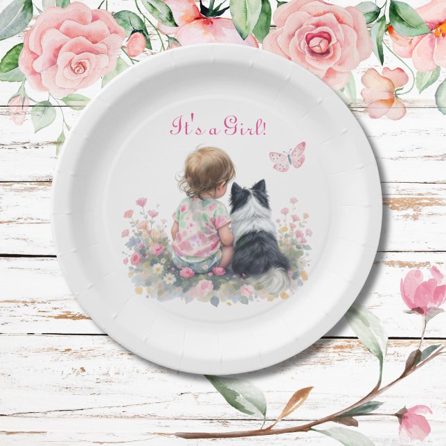 It's a Girl | Pink Baby and Puppy Baby Shower Paper Plate (Creator Uploaded)