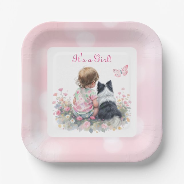 It's a Girl | Pink Baby and Puppy Baby Shower Paper Plate (Front)