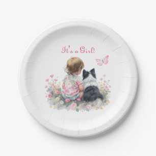 It's a Girl Pink Baby and Puppy Baby Shower Paper Plate