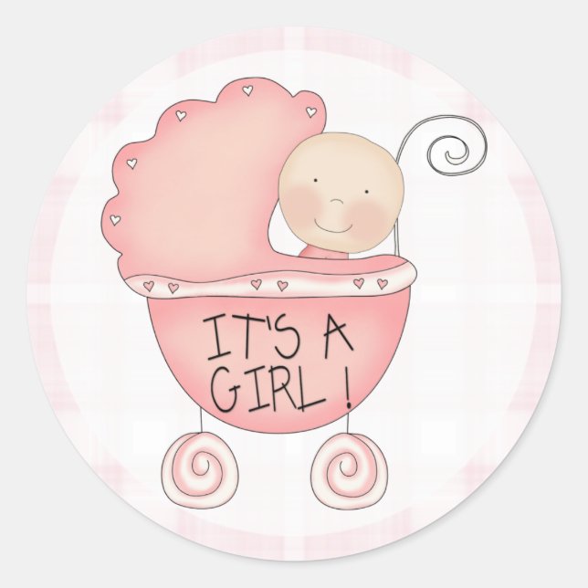 It's a Girl! Pink Baby Buggy Announcement Classic Round Sticker (Front)