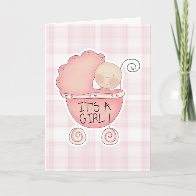 It's a Girl Pink Baby Buggy Congratulations Card (Front)