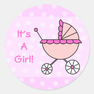It's A Girl! Pink Baby Carriage Classic Round Sticker
