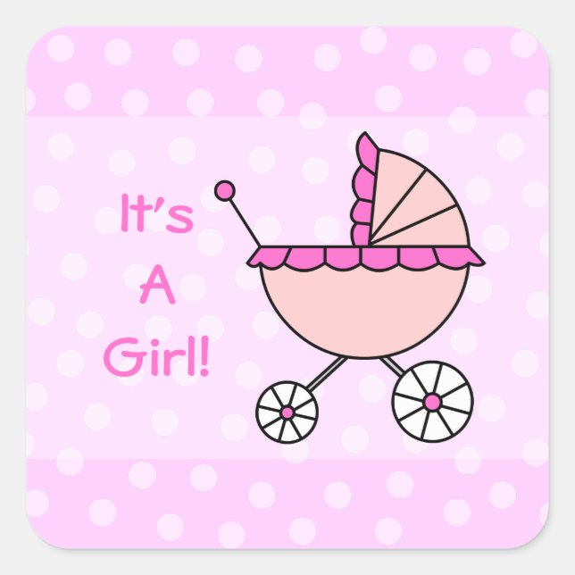 It's A Girl! Pink Baby Carriage Square Sticker (Front)