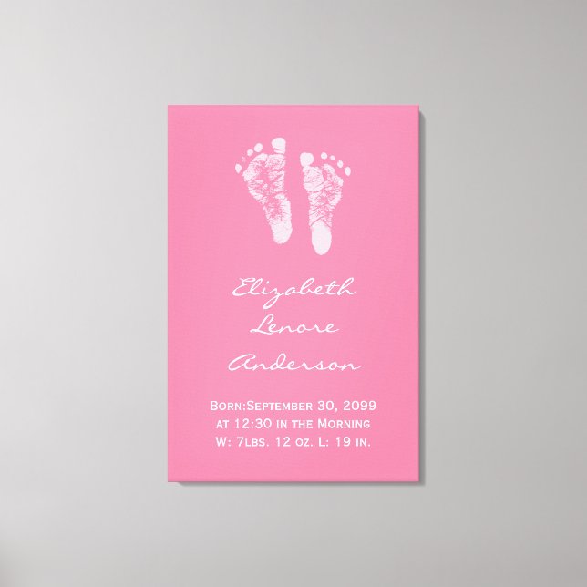 Its a Girl Pink Baby Footprints Birth Announcement Canvas Print (Front)