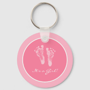 Its a Girl Pink Baby Footprints Birth Announcement Key Ring