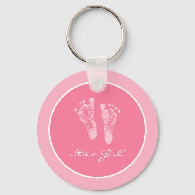 Its a Girl Pink Baby Footprints Birth Announcement Key Ring (Front)