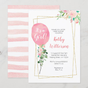 It's a girl Pink Ballon baby shower Invitation