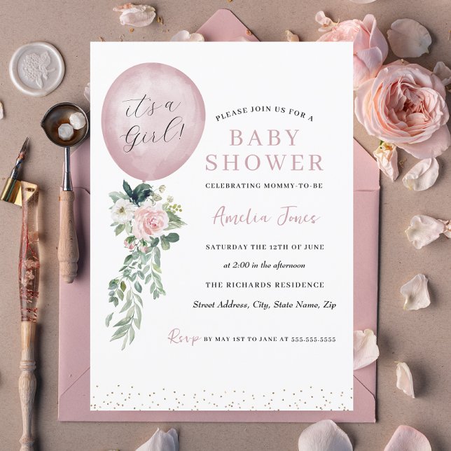 It's a Girl Pink Balloon Baby Shower Invitation (Creator Uploaded)