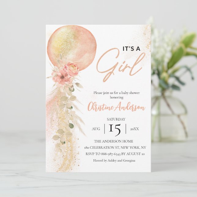 It's a Girl Pink Balloon  Eucalyptus baby shower Invitation (Standing Front)