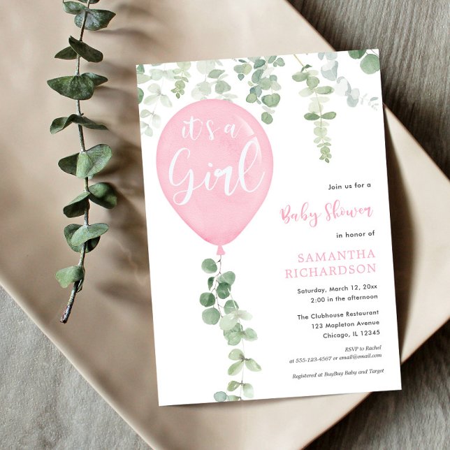 It's a girl pink balloon eucalyptus baby shower invitation (Creator Uploaded)