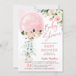 It's a Girl Pink Balloon Eucalyptus Baby Shower Invitation