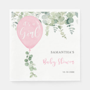 It's a girl pink balloon girl baby shower greenery napkin
