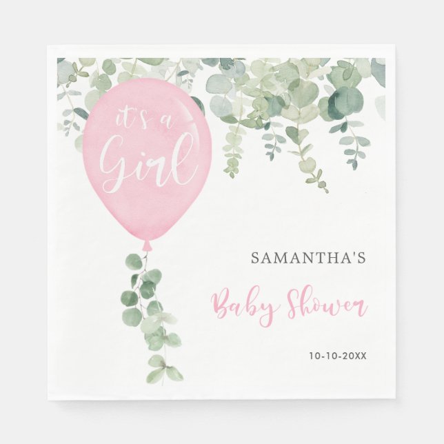 It's a girl pink balloon girl baby shower greenery napkin (Front)