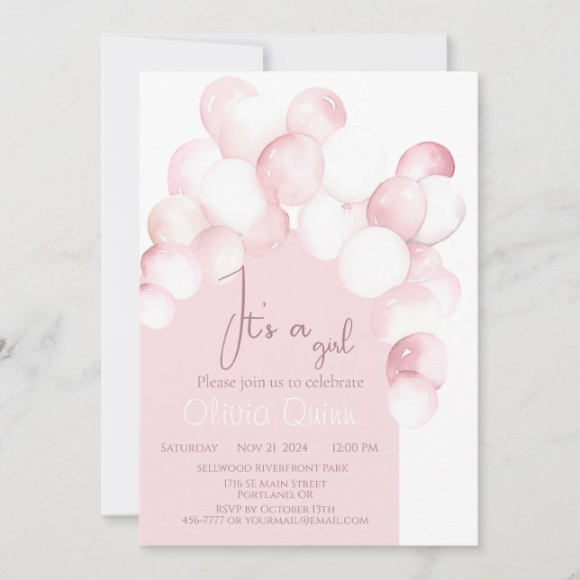 It's a girl pink balloons arch baby shower invitation (Front)