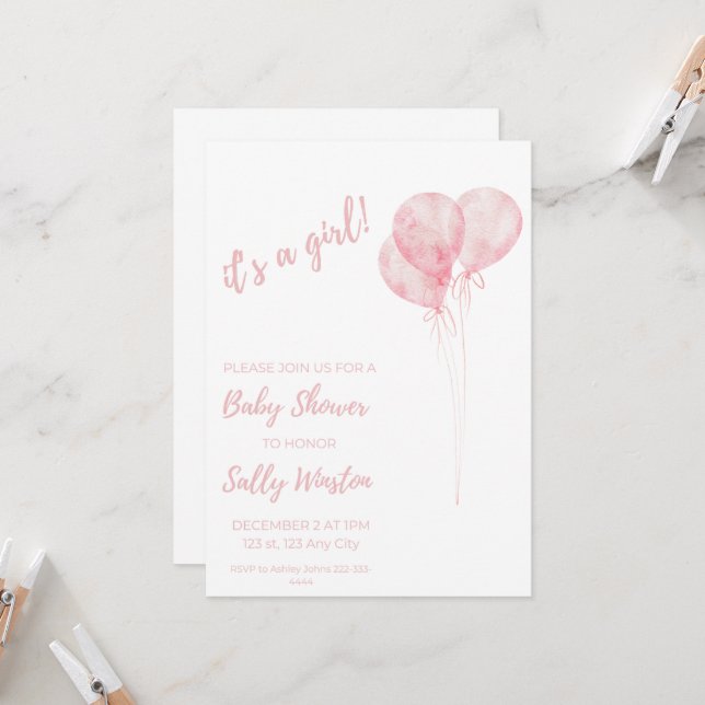 It's A Girl Pink Balloons Baby Shower Invitation (Front/Back In Situ)